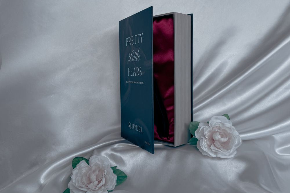 The opened book-like package for Pretty Little Fears by S.J. Ryder and the hilt of the silicone knife toy visible within it.
