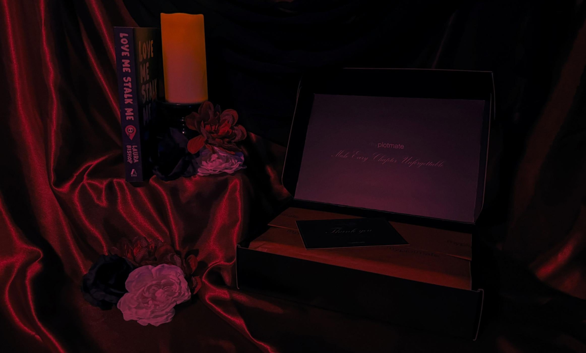 The myplotmate box next to the dark romance book Love Me Stalk Me by Laura Bishop.